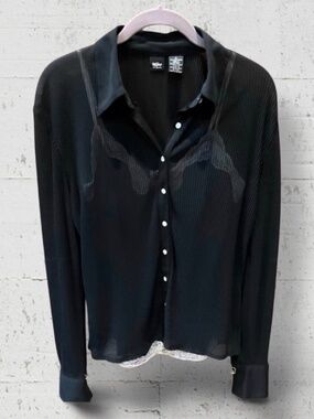 Massimo Black Ribbed Semi Sheer Button up Top. Sz M
